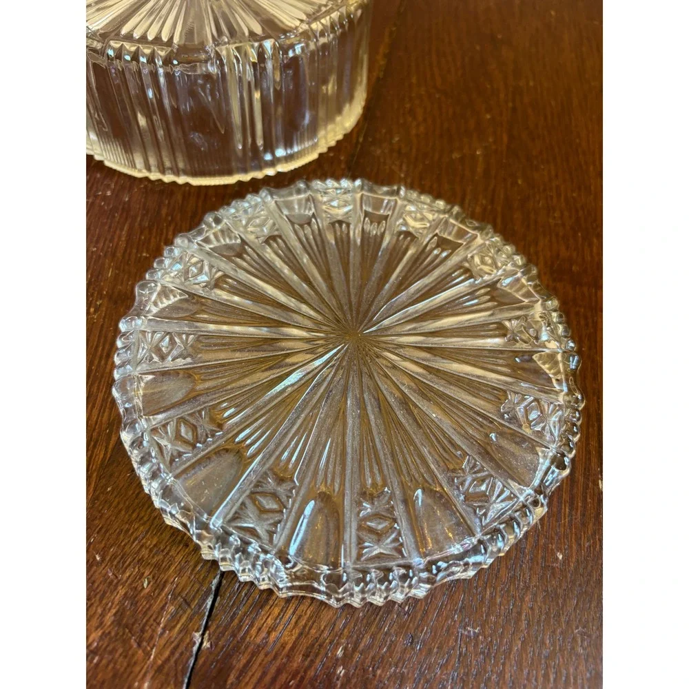 Vintage Round Clear Pressed Glass 3 Section Divided Trinket Box with Lid 5.5in